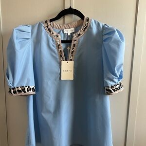 Entro Sky Blue Blouse with Leopard Trim